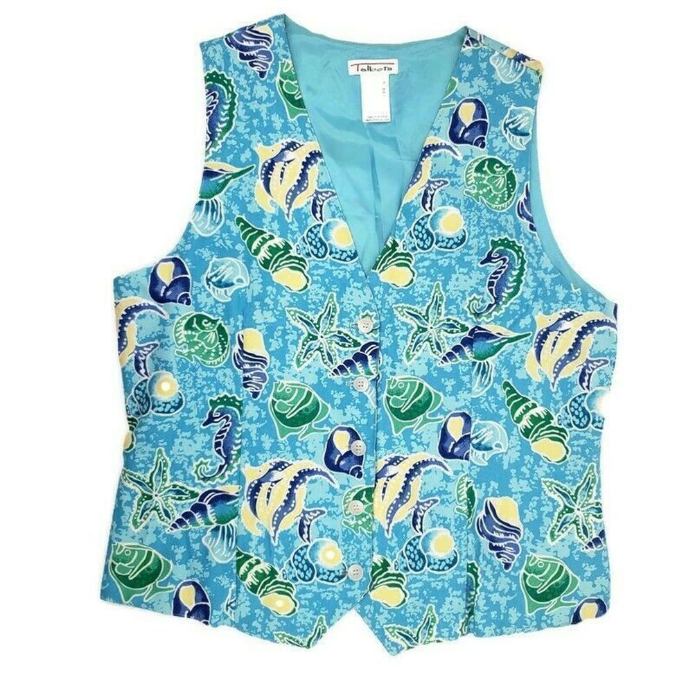 Vtg Talbots Womens Starfish Seahorse Beach Ocean Cruise Blue Vest Medium